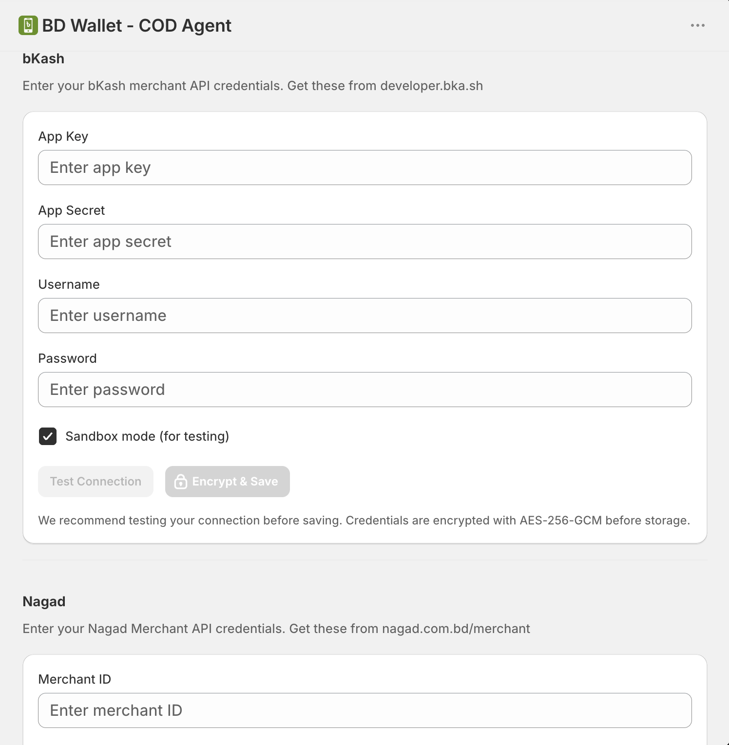 BD Wallet step by step setup screen showing bKash and Nagad credentials inside Shopify admin for Bangladesh merchants